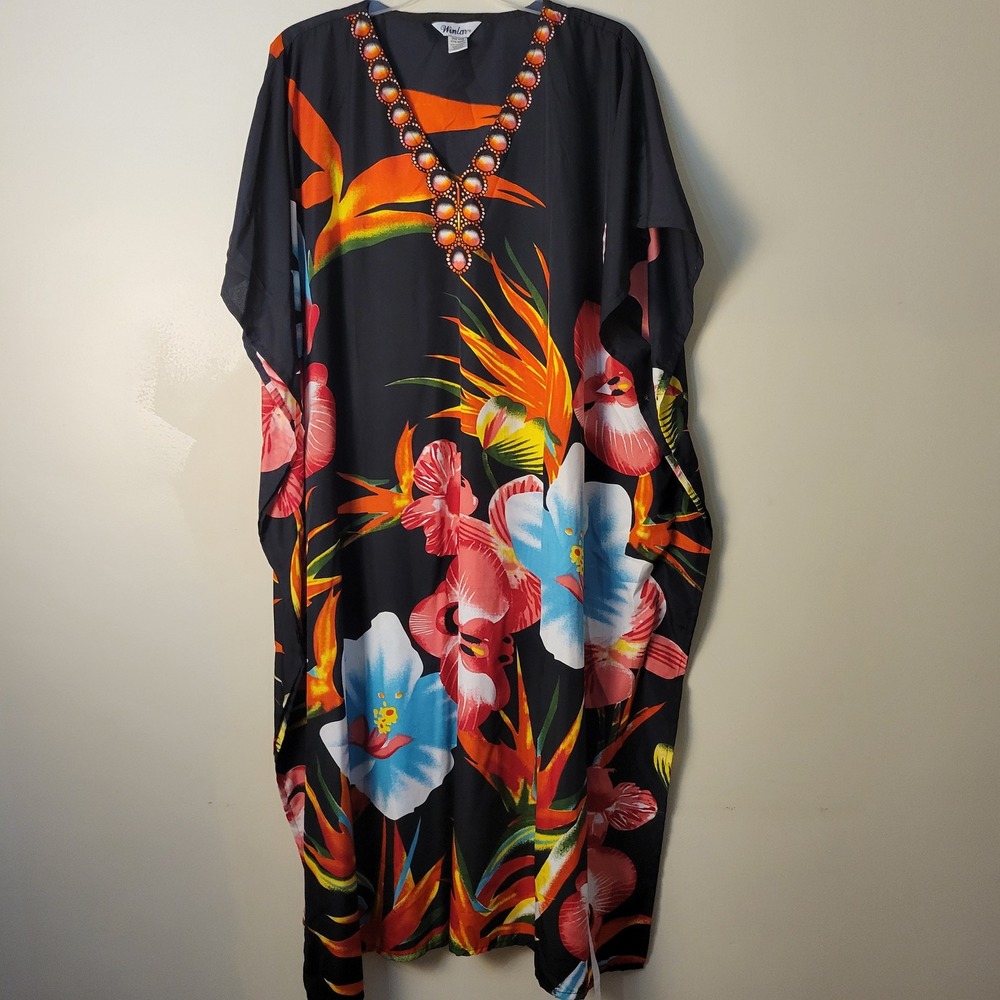 Winlar Tropical Floral Kaftan Maxi Dress Black Beaded V-Neck One Size Fits Most